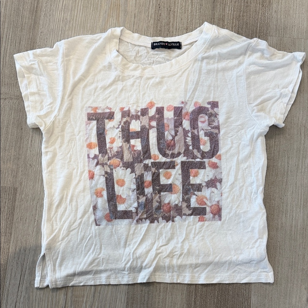 Brandy Melville White Graphic 'Thug Life' Tee with Floral Print